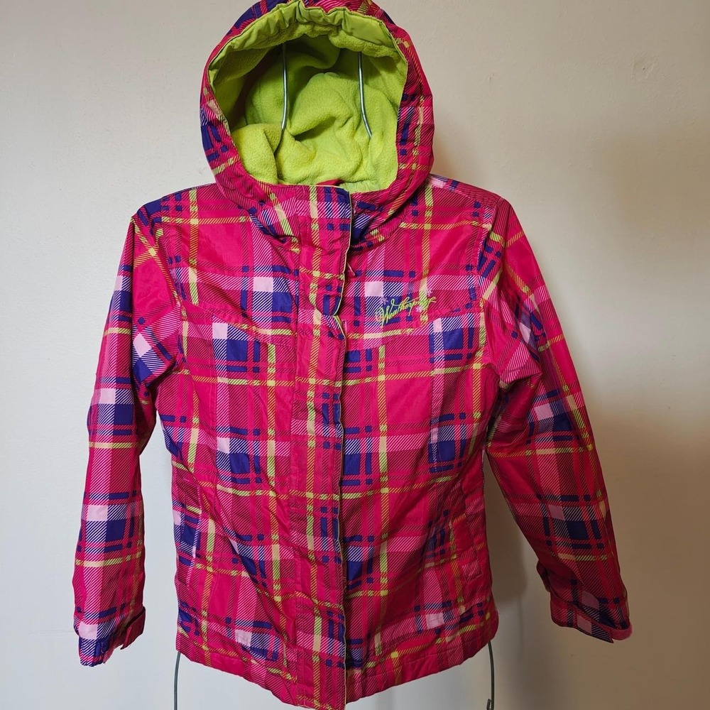 Weatherproof Girls Pink Plaid Rain Jacket Hooded Fleece Lined Size 7/8 M